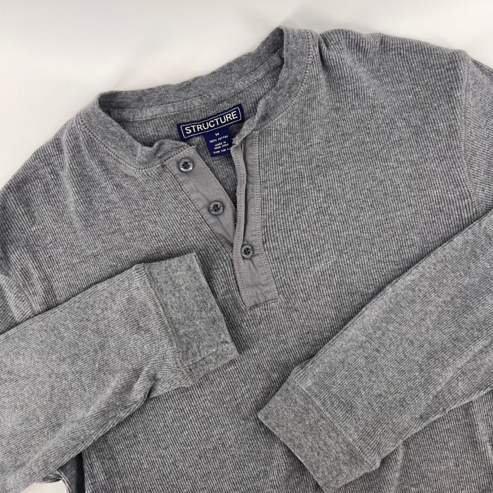Structure Mens Medium Henley Shirt Cotton Grey Long Sleeve Classic